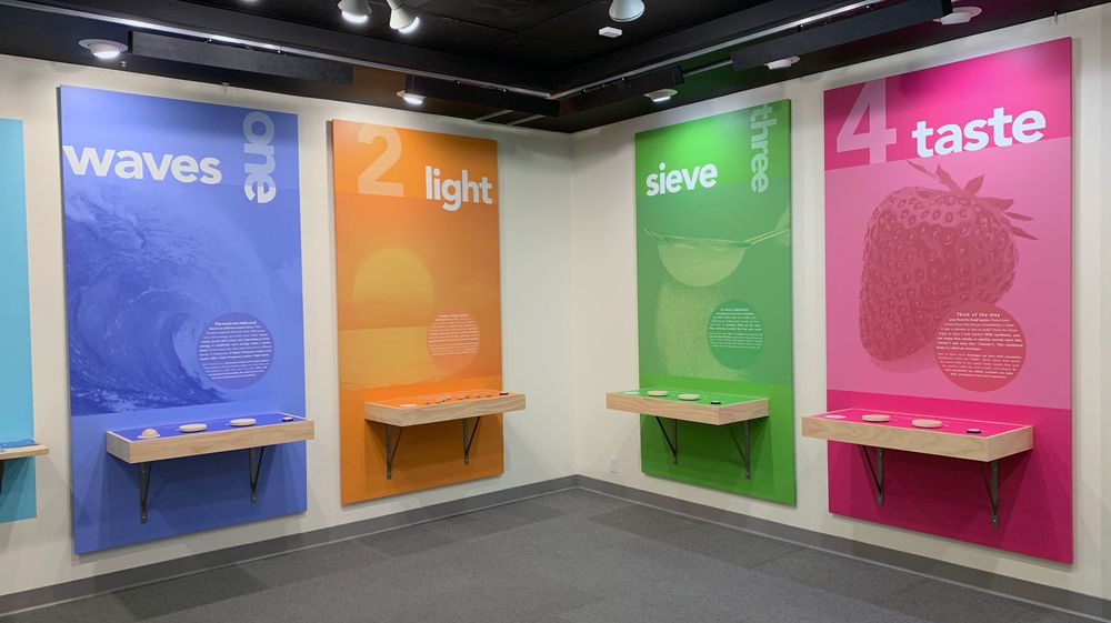Exhibition panels with titles "waves", "light", "sieve", and "taste"